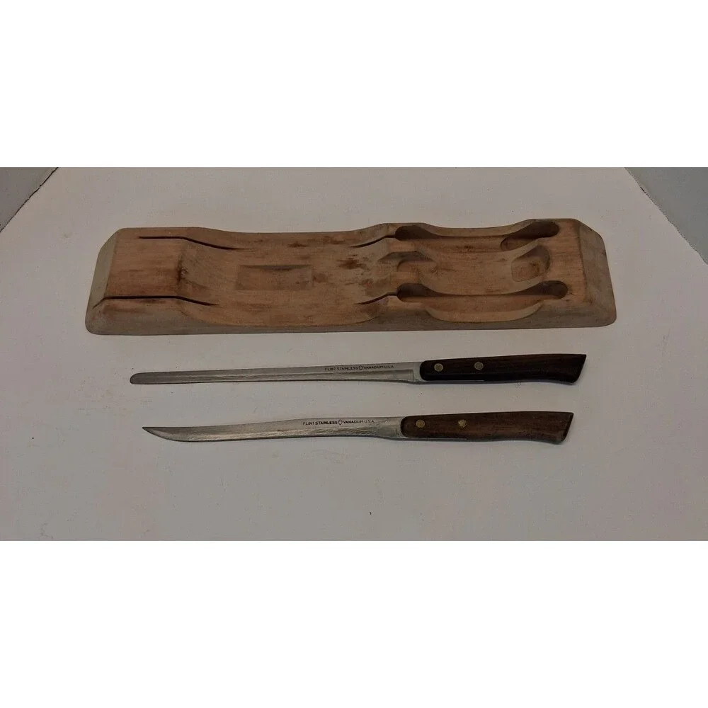 VTG EKCO Flint Stainless Vanadium 2 Knife Set w Hardwood Block, missing fork GUC